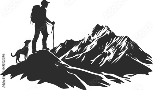Vector silhouette illustration of a man with a backpack, a black cartoon art for business and sport