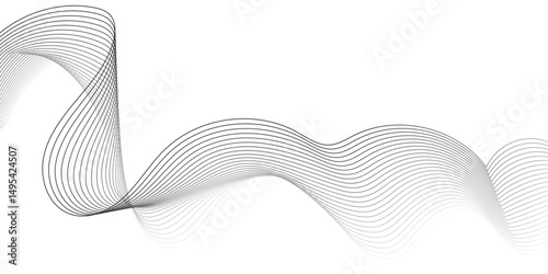 abstract background featuring a smooth, flowing wave made of thin black lines on a white background.The wave should have a three-dimensional appearance with gentle gradients and curves, giving a sense