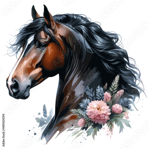 Black Horse. Flowers. Horse head.  Portrait. Watercolor style. Isolated on a white background. Banner. Vector illustration, AI