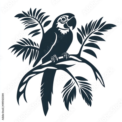 Parrot perched on branch, tropical foliage, silhouette design, artistic