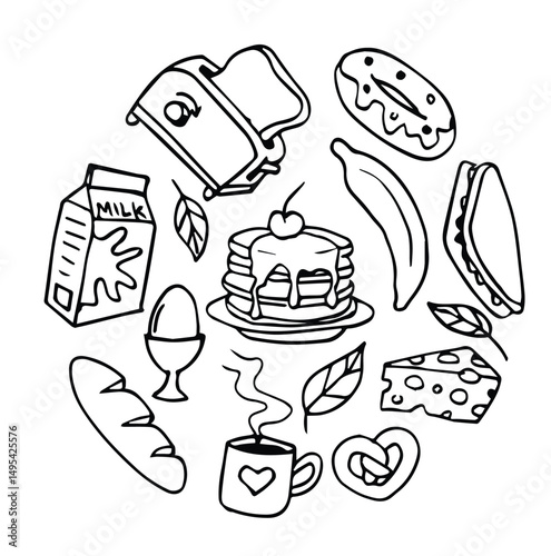 Food ingredient doodle set. Fruits, vegetables, sweets, bakery, fast food in sketch style. Hand drawn vector illustration isolated on white background
