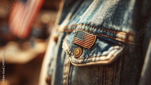 Vintage American flag pin on denim, warm sunlight and blurred stripes, evoking patriotism and nostalgia