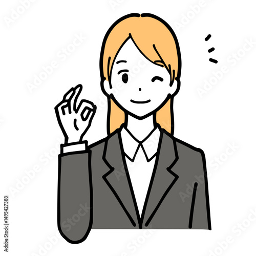 Illustration of a young woman in a suit with a smile and an okay sign