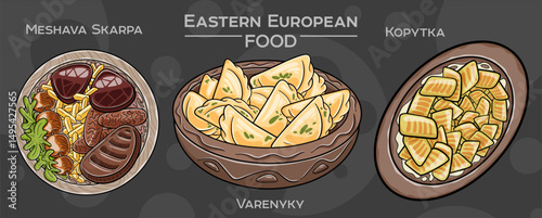 A set of popular Eastern European traditional foods. Vector illustration, hand-drawn and presented on a dark background