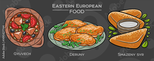 Hand-drawn vector depiction of a popular Eastern European traditional food set, displayed on a dark background