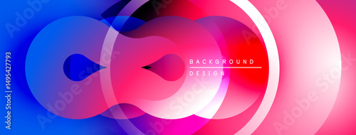 Abstract vibrant design features overlapping circles, gradients. Blue, pink hues create modern visual effect. Smooth transitions dominate composition.