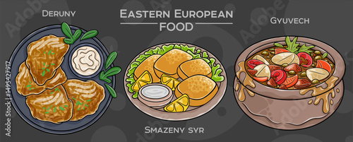 Hand-drawn vector depiction of a popular Eastern European traditional food set, displayed on a dark background