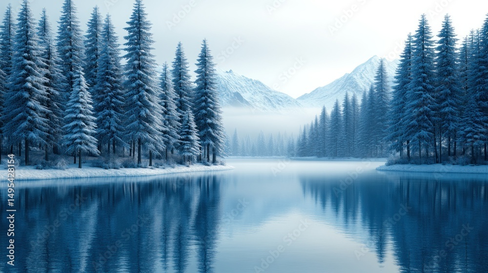 Obraz premium Serene winter landscape reflecting snow covered trees on tranquil water