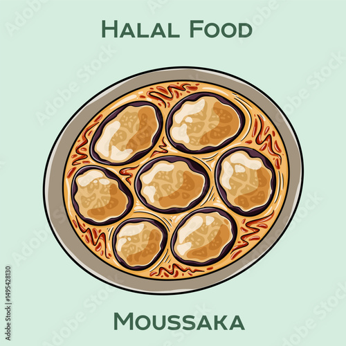 Moussaka Halal: A rich, layered Mediterranean casserole made with tender eggplant, halal-certified minced meat, aromatic spices, and creamy béchamel sauce,
