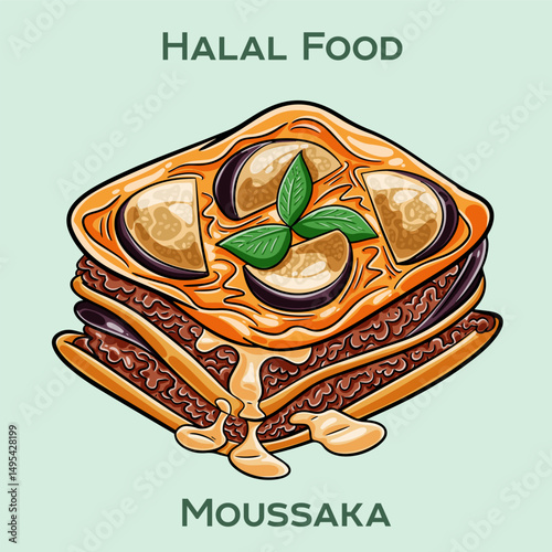 Moussaka Halal: A rich, layered Mediterranean casserole made with tender eggplant, halal-certified minced meat, aromatic spices, and creamy béchamel sauce,