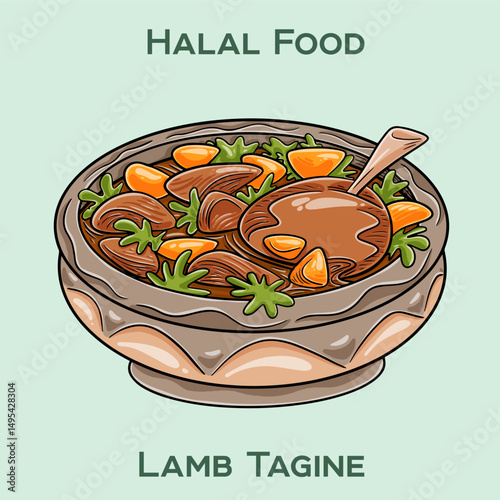 Lamb Tagine. Authentic Moroccan halal lamb tagine with tender meat slow-cooked in aromatic spices, dried fruits, and vegetables in a traditional clay pot.