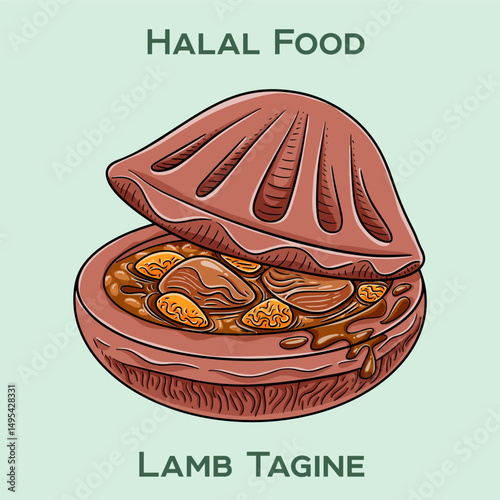 Lamb Tagine. Authentic Moroccan halal lamb tagine with tender meat slow-cooked in aromatic spices, dried fruits, and vegetables in a traditional clay pot.