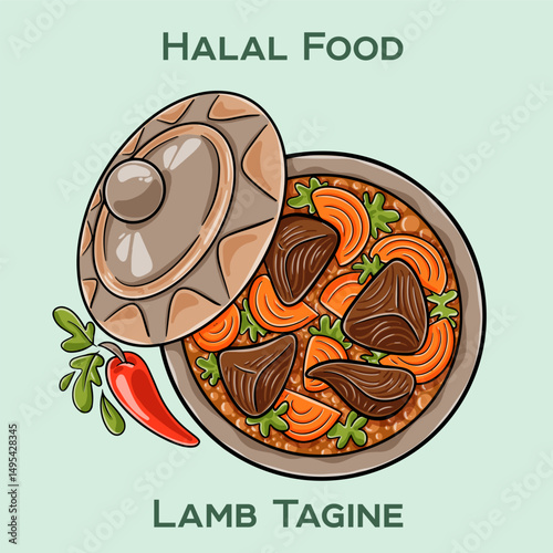 Lamb Tagine. Authentic Moroccan halal lamb tagine with tender meat slow-cooked in aromatic spices, dried fruits, and vegetables in a traditional clay pot.