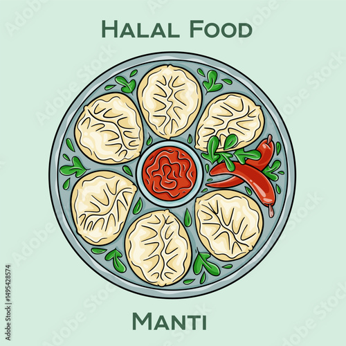 Manti. Halal manty: traditional Central Asian dumplings filled with spiced halal meat, steamed to perfection.