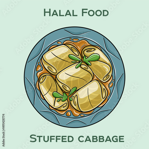 Stuffed cabbage Halal is a traditional dish made with cabbage leaves wrapped around a filling of spiced meat and rice, prepared according to Islamic dietary laws.