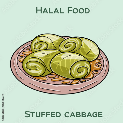 Stuffed cabbage Halal is a traditional dish made with cabbage leaves wrapped around a filling of spiced meat and rice, prepared according to Islamic dietary laws.