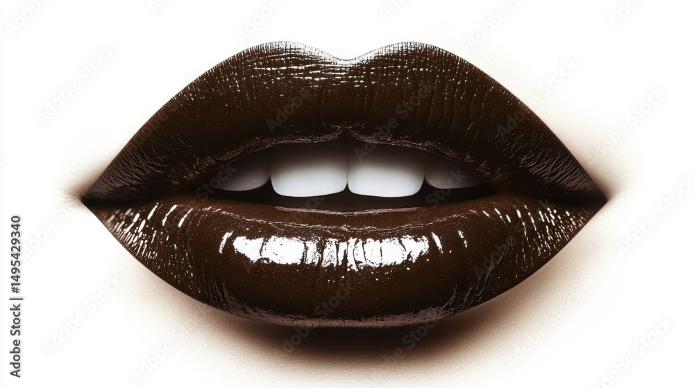 Close up of female lips painted in dark chocolate glossy lipstick. Perfect for beauty ads, make-up promotions, or cosmetic campaigns. Close up of female lips painted in dark chocolate glossy lipstick. Perfect for beauty ads, make-up promotions, or cosmetic campaigns.