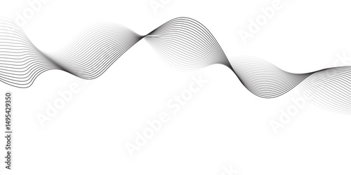 Create a minimalist abstract background featuring a smooth,monochrome wave pattern with fine gradient lines flowing across a white backdrop. The wave should appear elegant and dynamic, evoking a sense