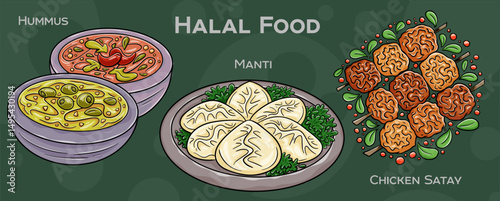 Popular Halal Cuisine Set. Hand-drawn vector illustration on a dark background.