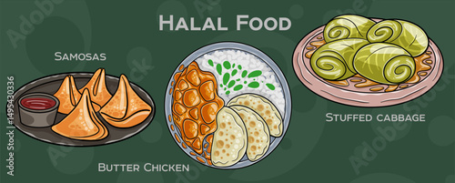 Popular Halal Cuisine Set. Hand-drawn vector illustration on a dark background.