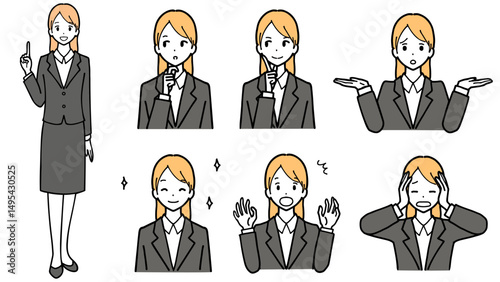 スーツ姿の若い女性の表情イラストセット