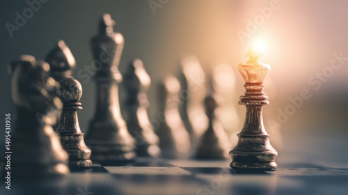 Glimmering Chess King's Crown Illuminated by Soft Light Amidst Other Chess Pieces on a Board, Symbolizing Strategy and Power