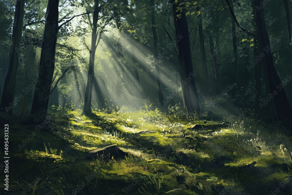 Obraz premium Sunlight streams through a lush forest