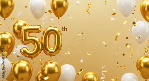 Golden 50th anniversary celebration with balloons and confetti background
