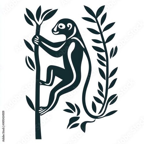 Silhouette monkey climbs tree, stylized art, nature background. Possible use Children's book illustration