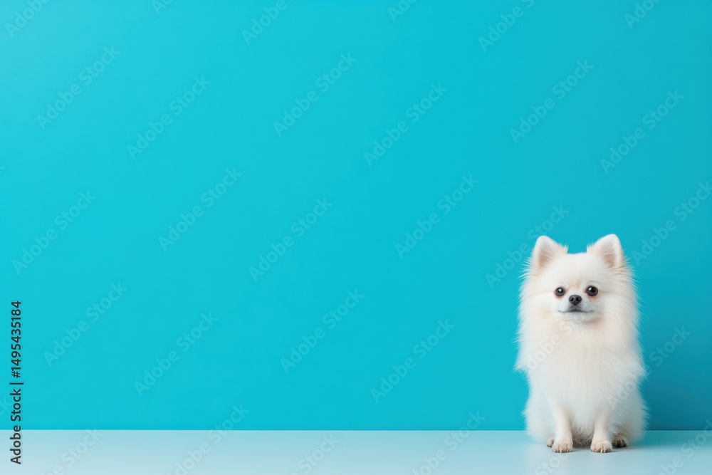 Fototapeta premium Cute white pomeranian dog sitting on white floor against vivid blue background