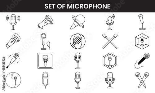 Collection of microphone icons set for music and podcast vector line art 