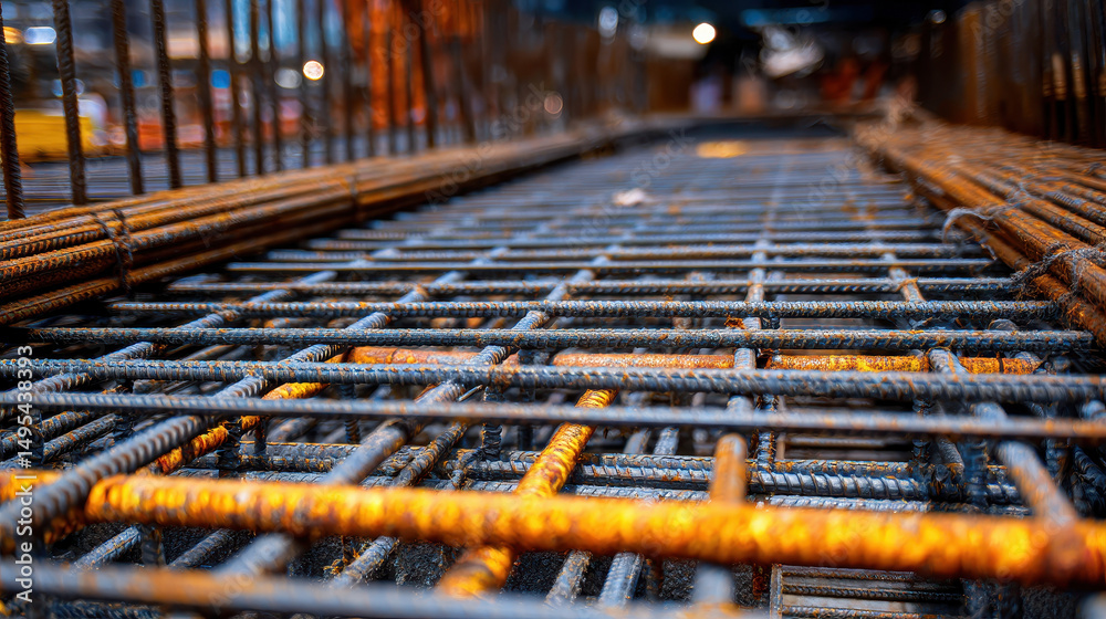 Steel rebar grid in mid construction foundation with geometric patterns Steel rebar grid in mid construction foundation with geometric patterns