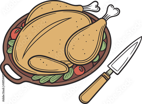 Hand-Drawn Roast Turkey with Vegetables on Serving Platter and Carving Knife - Festive Holiday Meal Illustration