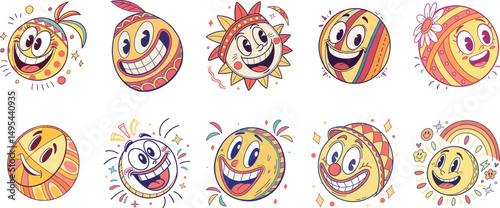 Vibrant Doodle Collection of Playful Cartoon Faces - Whimsical Expressions and Colourful Designs