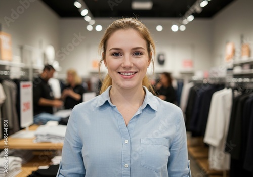 Smiling blonde woman in store, looking to camera, people and clothes background