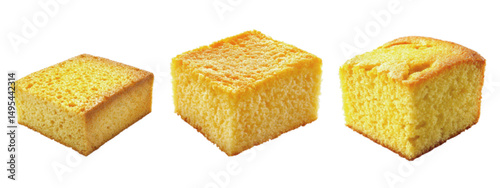5Three variations of golden yellow cornbread loaves arranged side by side on a white background