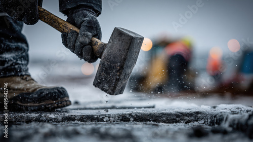 Worker hammering steel into frozen ground in cold weather