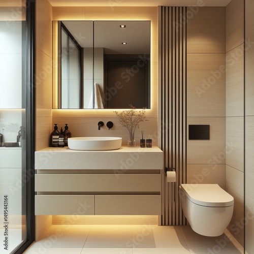 Modern bathroom design featuring elegant fixtures, soft lighting, and minimalistic decor within a stylish urban space
