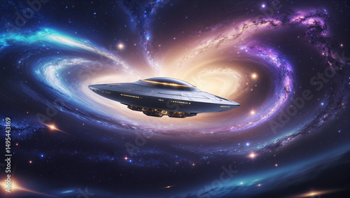 A spaceship glides through a vibrant nebula amidst swirling galaxies and brilliant stars, soaring through space.