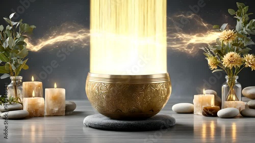 spiritual spa setup with singing bowl Sound bath therapy bowl, sound healing with bowl, sound bowl therapy setup zen sound healing with candles ambient meditation interior decor