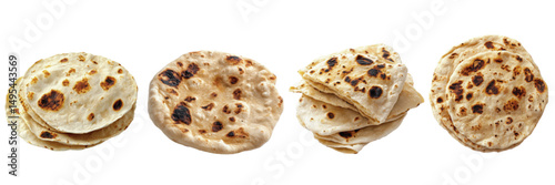 Assorted fresh Indian-style flatbreads stacked and arranged, showcasing their unique texture and golden-brown spots on a white background