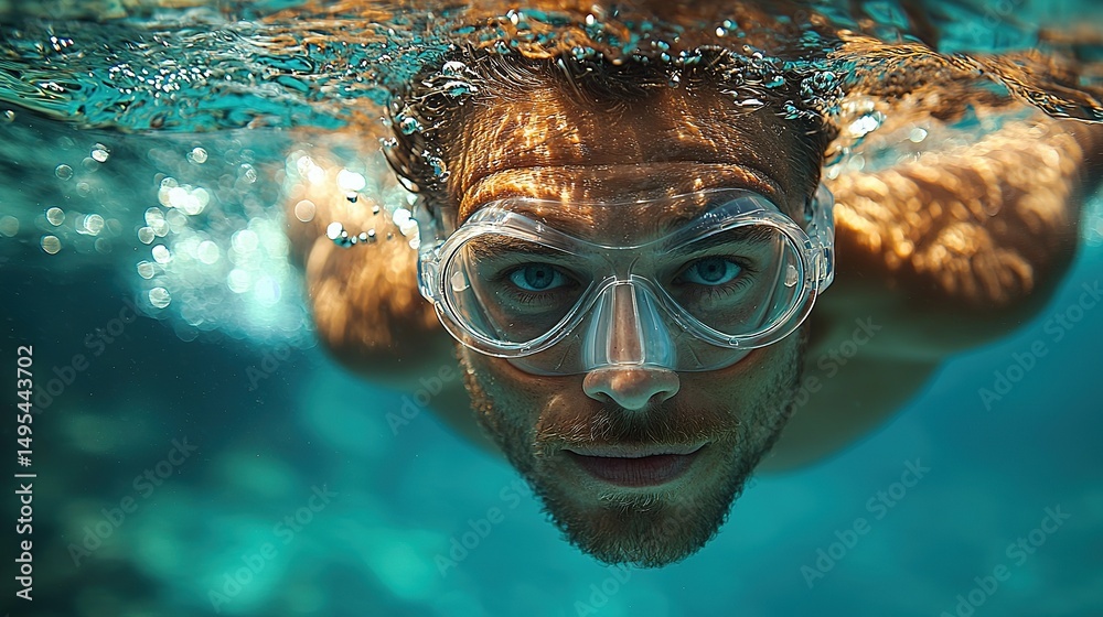 Naklejka premium Swimmer Diving Underwater in Crystal Pool