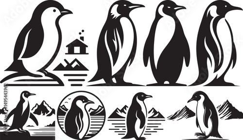 Antarctic penguins black and white illustration set