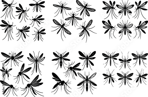 Black silhouette mosquitoes insects collection graphic design