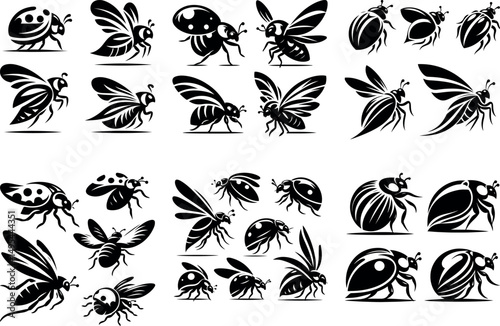 Collection of black and white insect silhouettes ladybugs butterflies beetles