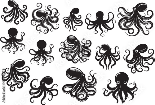 Collection of stylized octopus illustrations black ink drawings nautical ocean animals