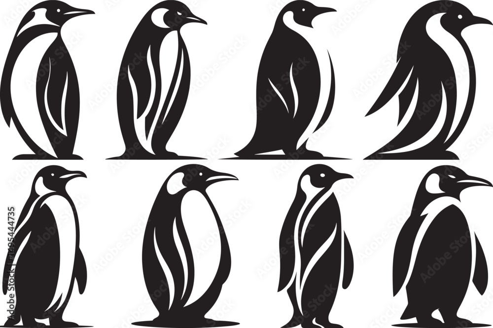 Fototapeta premium Eight stylized black and white penguin illustrations