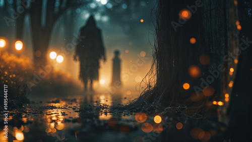 Two shadowy figures navigate a foggy forest trail, illuminated by glowing orbs and the moon.