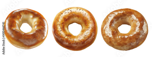 Three delicious glazed donuts displayed on a white background featuring different glazes and textures
