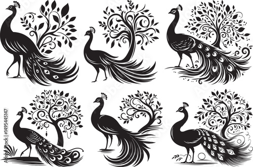 Elegant black and white peacocks with ornate trees